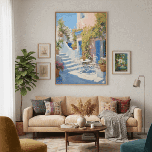 Sunlit Al Fresco Abstract Mediterranean Courtyard Framed Canvas Print