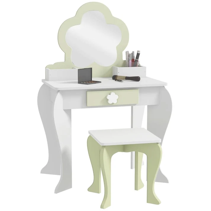 Kids Wooden Vanity Table & Stool Set with Mirror
