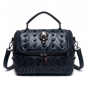 Luxury Genuine Leather Studded Crossbody Bag with Skull Clasp