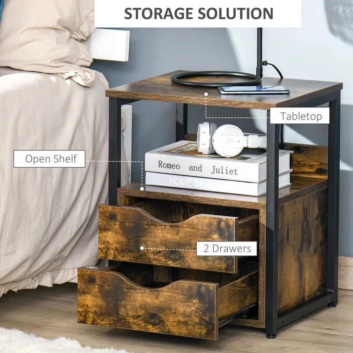 Rustic Brown Side Table with Drawer & Storage Shelf Sale