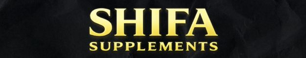 Shifa Supplements gold logo centred on a textured black background